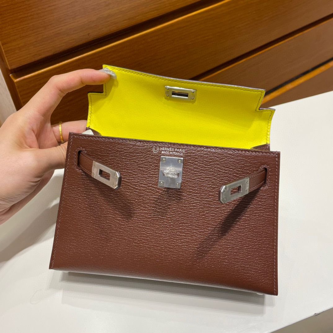 Hermes Kelly Sellier 20 Chevre CK41 Havane哈瓦那咖啡色内拼柠檬黄磨砂银扣