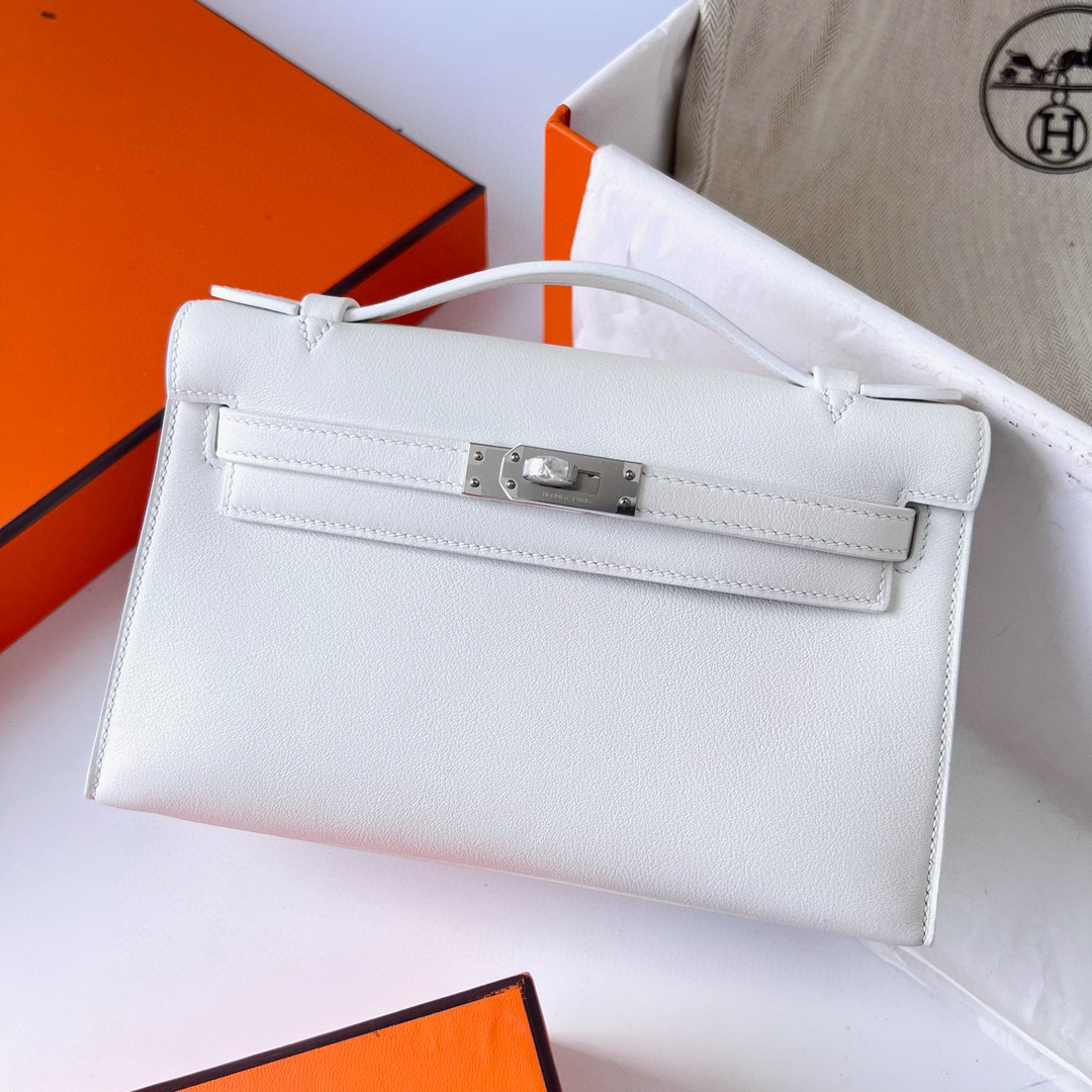 愛馬仕官方網站旗艦店 Hermès Kelly Pochette Swift 純白 White 銀扣