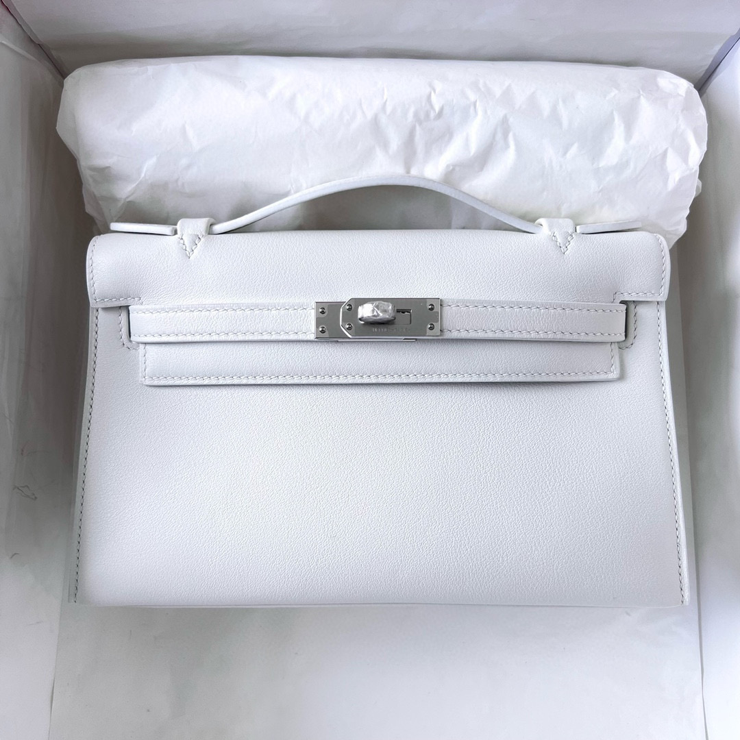 愛馬仕官方網站旗艦店 Hermès Kelly Pochette Swift 純白 White 銀扣