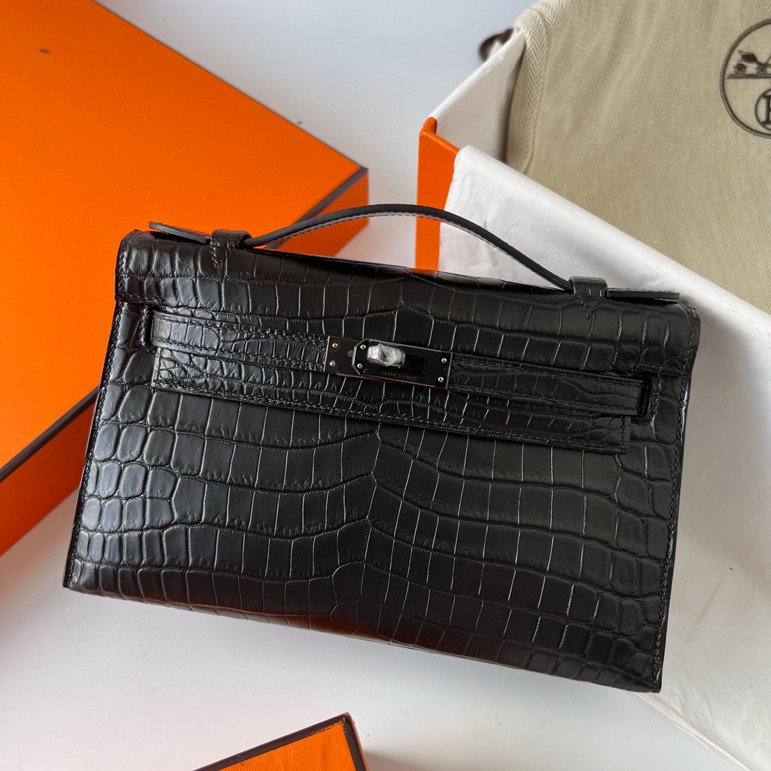 Hermès Kelly Pochette Matte Nilo Crocodile Noir 黑色 黑扣