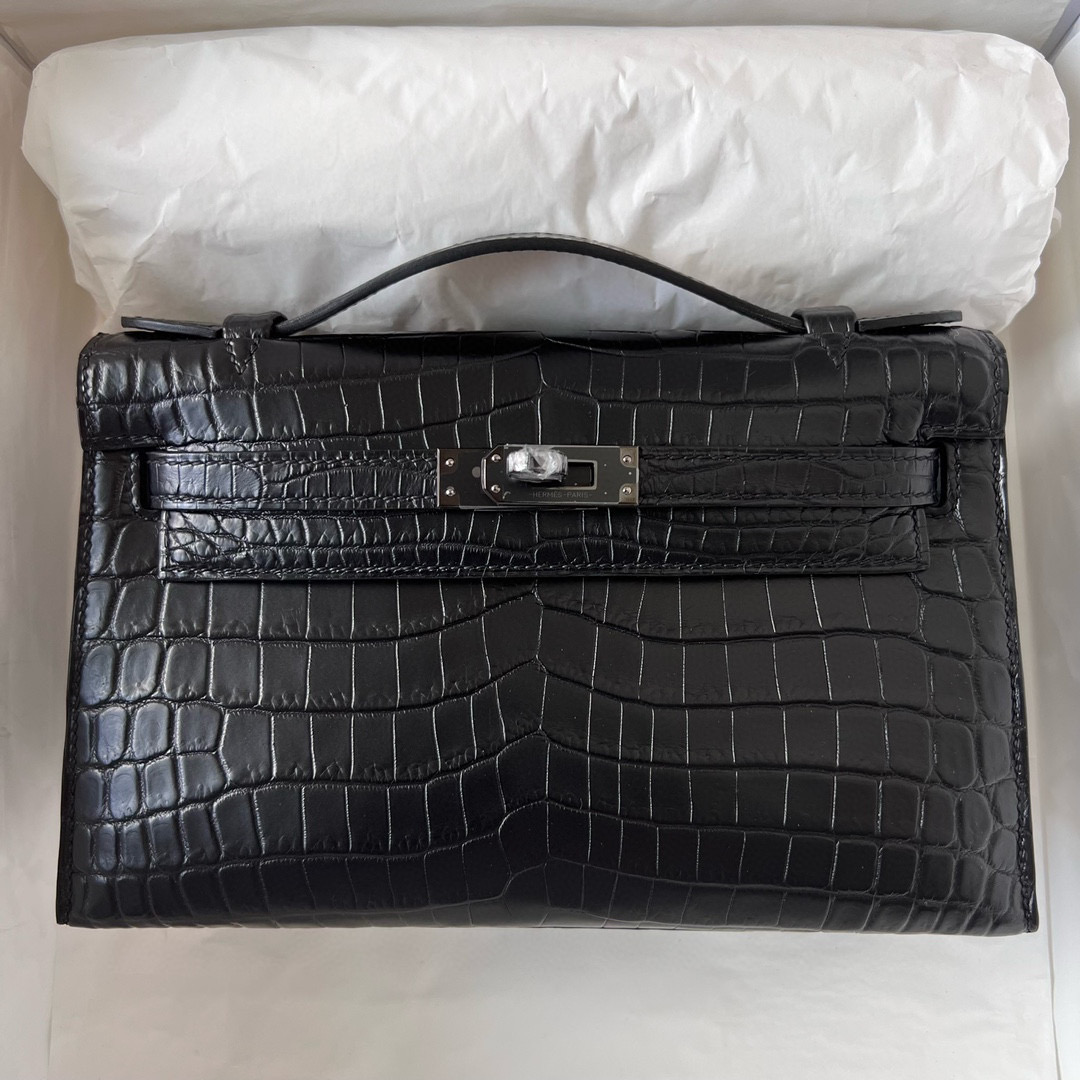 Hermès Kelly Pochette Matte Nilo Crocodile Noir 黑色 黑扣