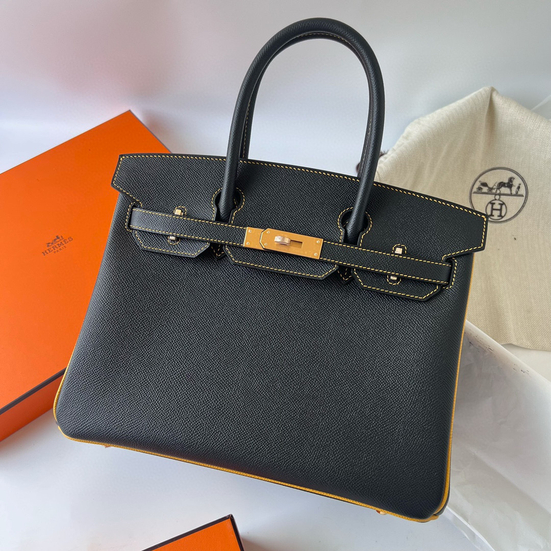 愛馬仕官網 官方旗艦店包包 Hermès Birkin 30 Epsom 黑色内拼琥珀黄磨砂金扣