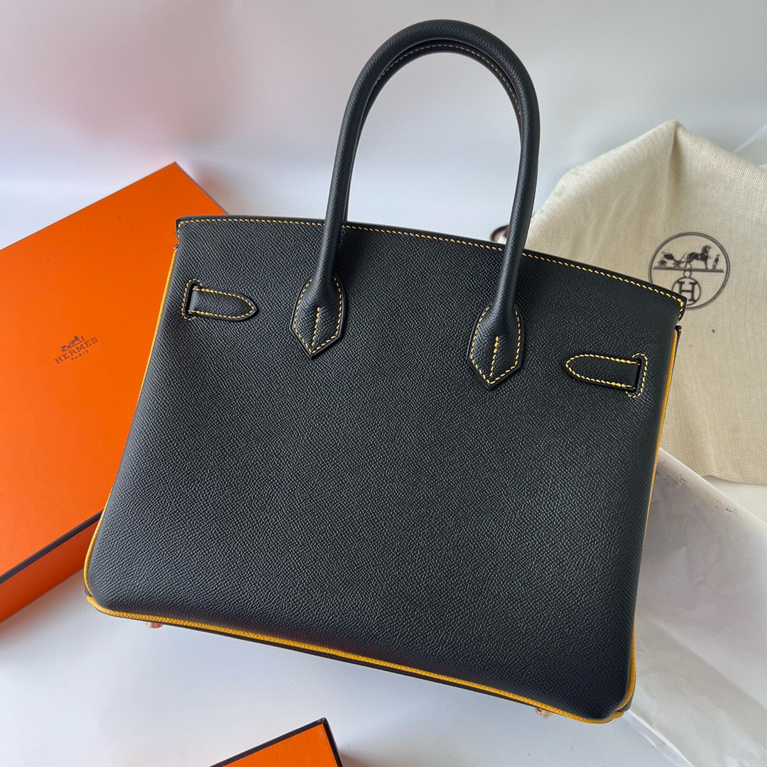 愛馬仕官網 官方旗艦店包包 Hermès Birkin 30 Epsom 黑色内拼琥珀黄磨砂金扣