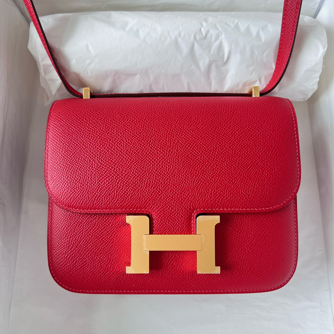 愛馬仕最有名的兩款包 Hermès Constance 1-18 Epsom 鏡子款 Rose casaque 國旗紅金扣