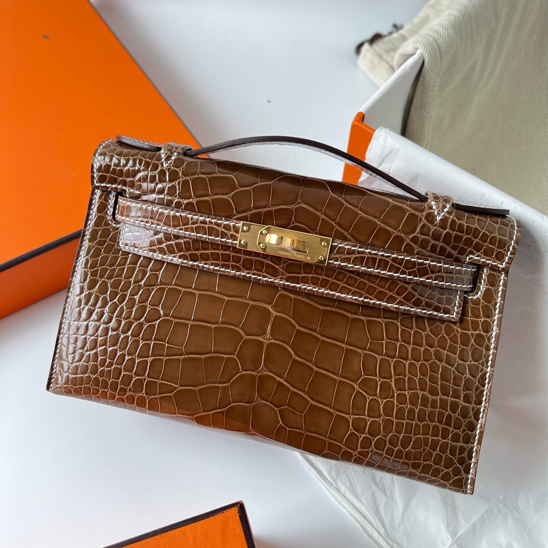 愛馬仕所有包款式大全 Hermès Kelly Pochette Alligator Crocodile Ficelle 煙草色