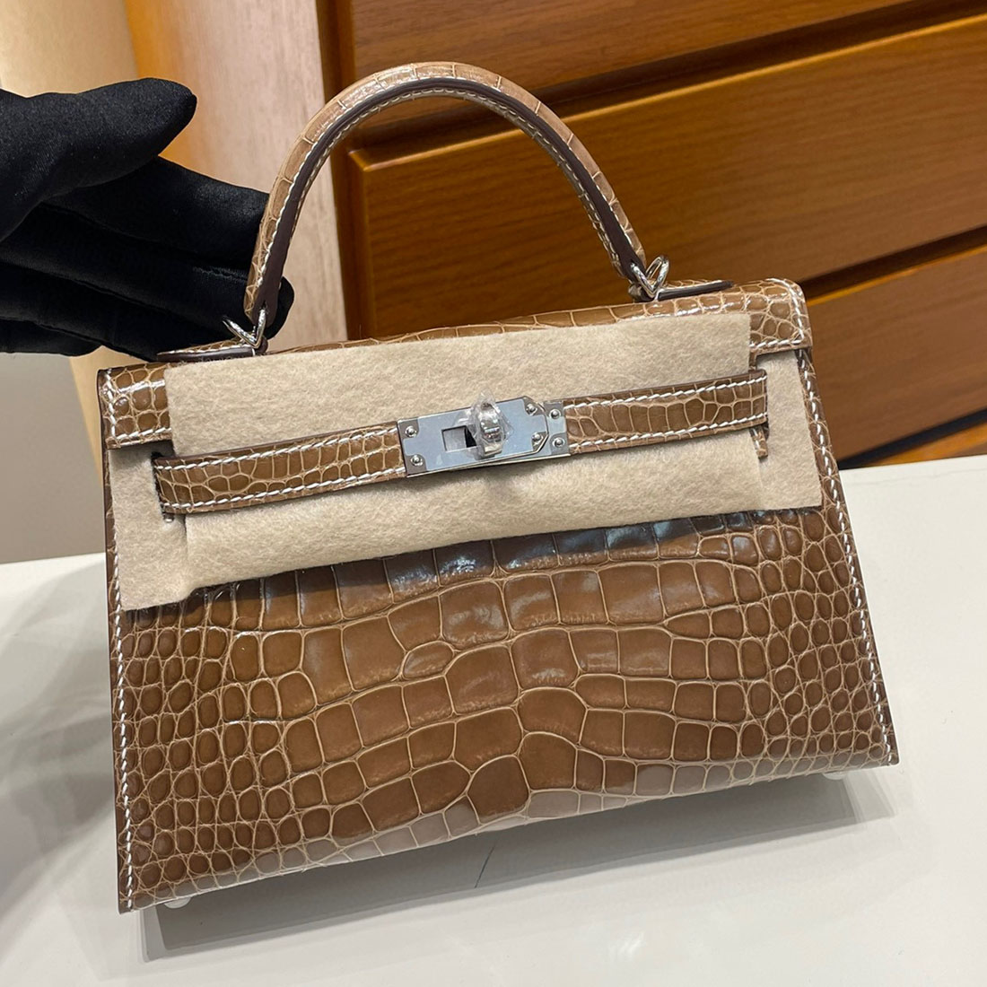 愛馬仕 Hermes Kelly Mini Ficelle 淡灰褐色 煙草色 Shiny Alligator Crocodile