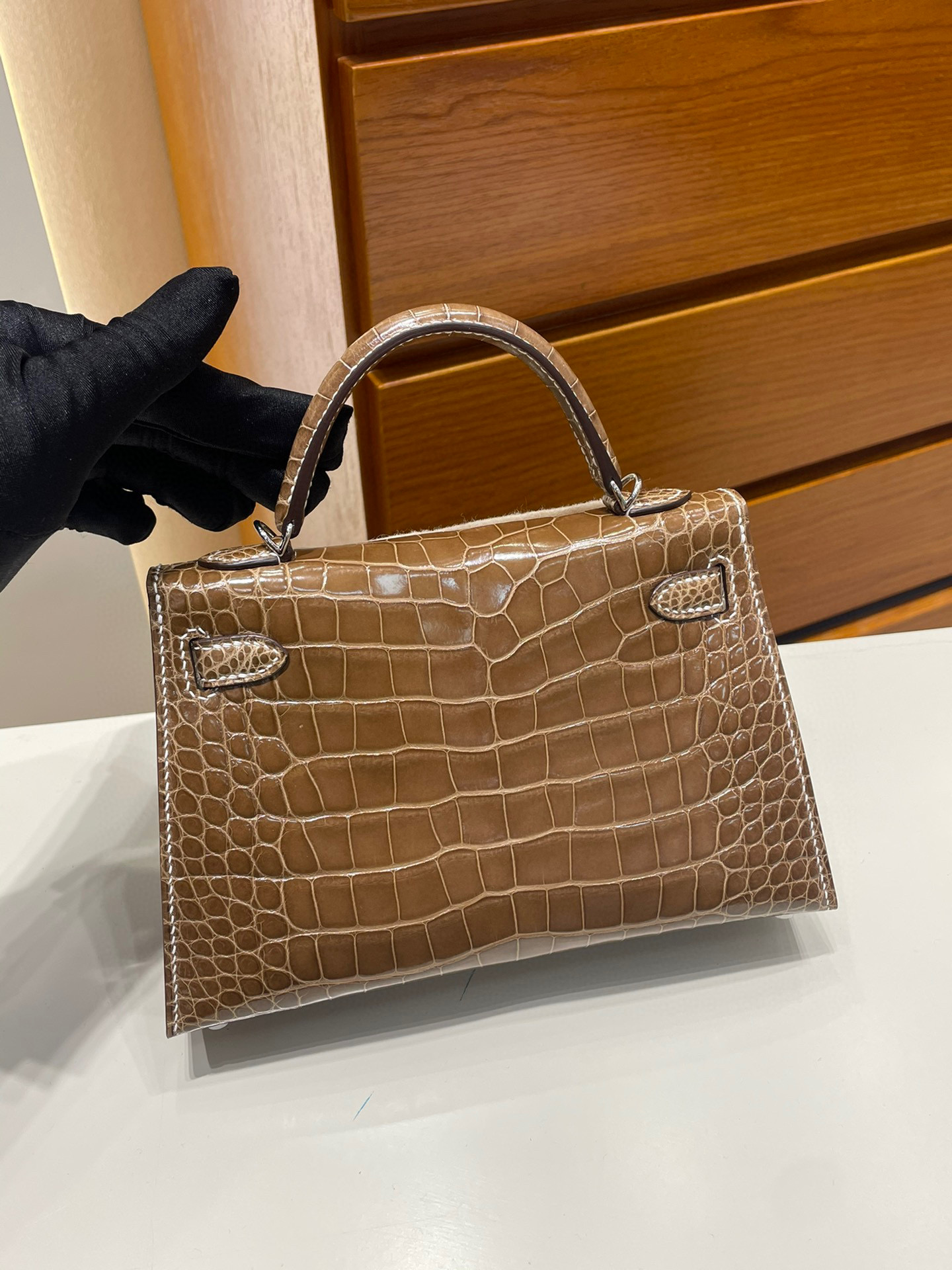 愛馬仕 Hermes Kelly Mini Ficelle 淡灰褐色 煙草色 Shiny Alligator Crocodile