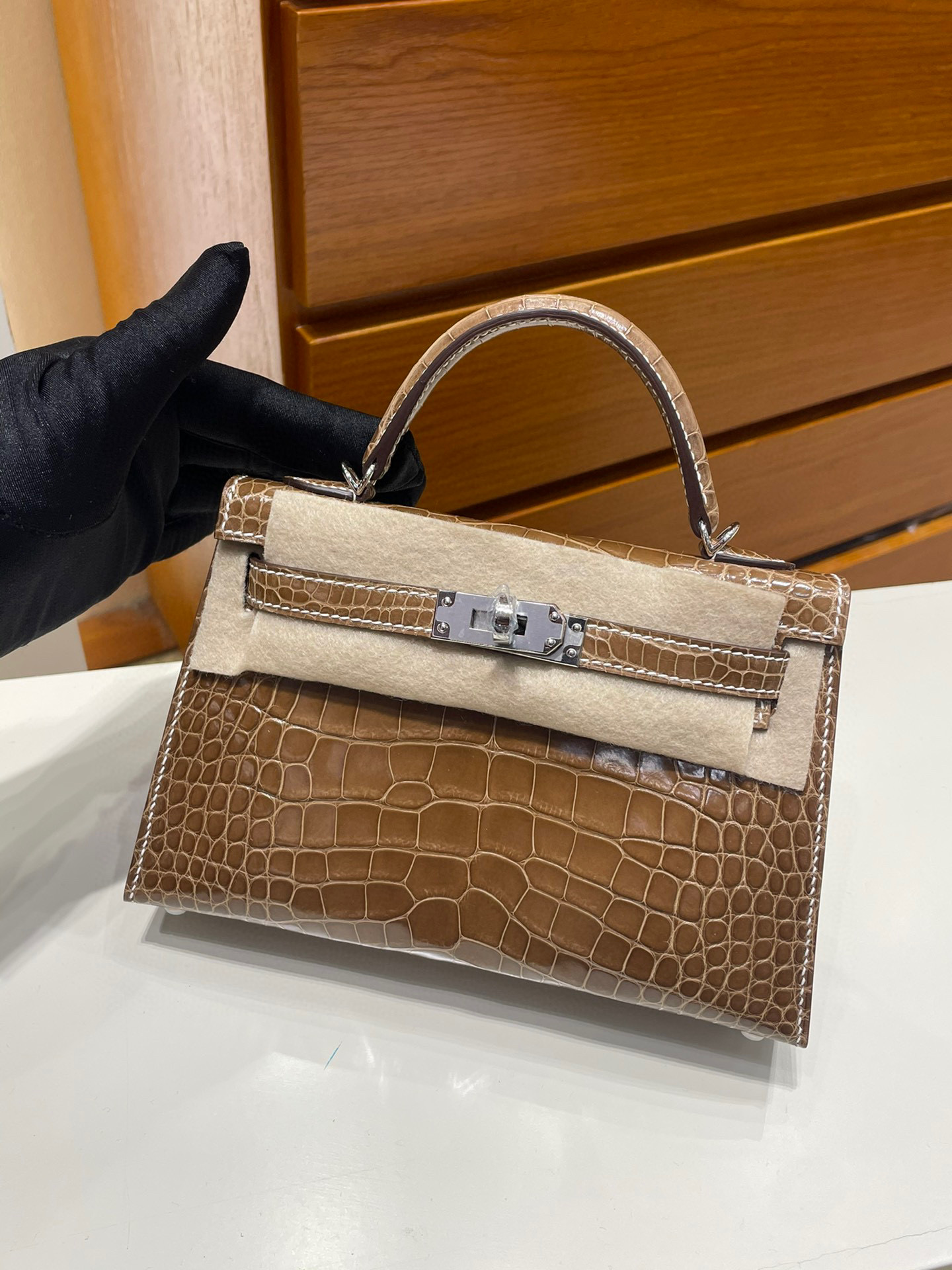 愛馬仕 Hermes Kelly Mini Ficelle 淡灰褐色 煙草色 Shiny Alligator Crocodile