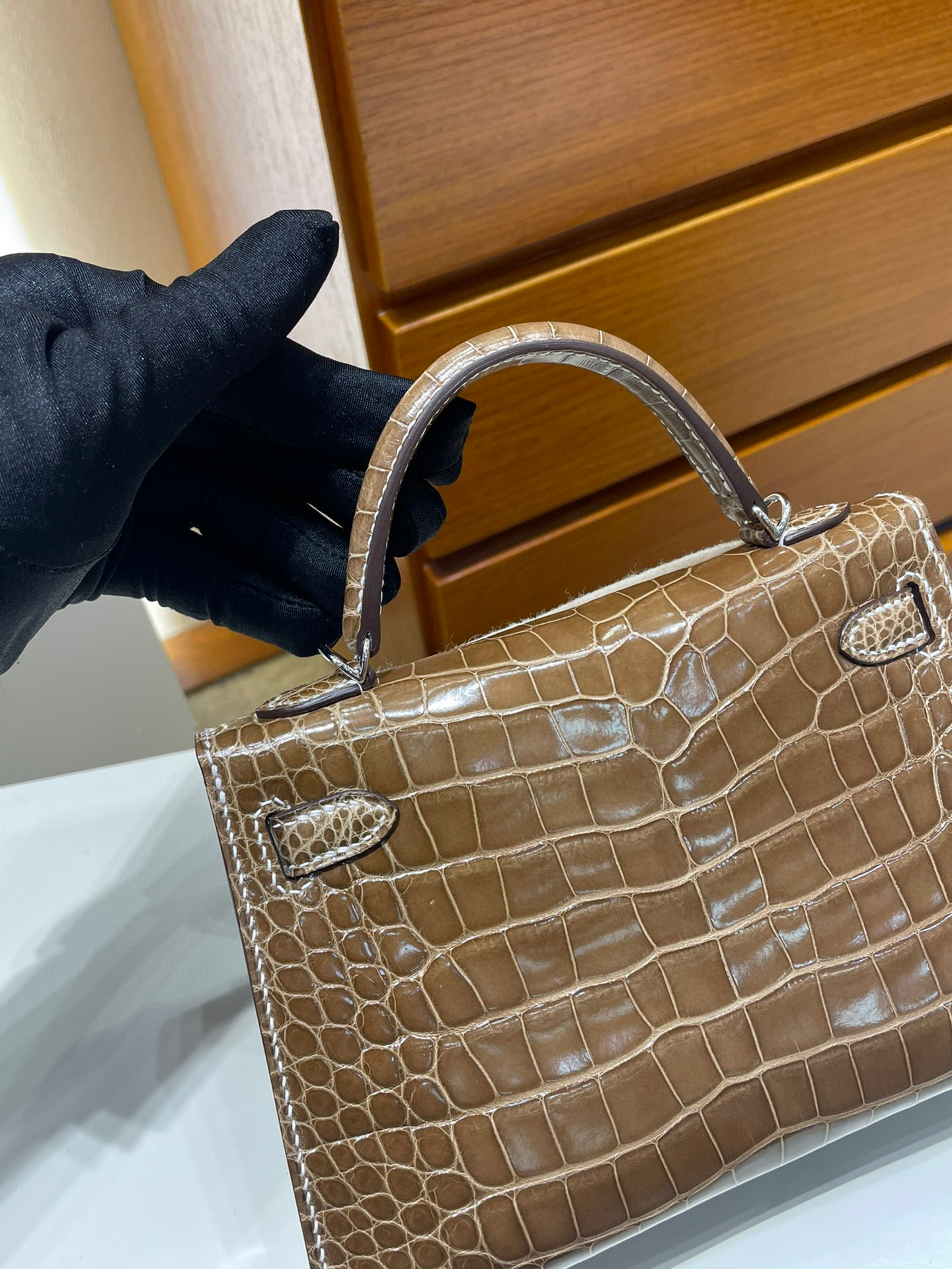 愛馬仕 Hermes Kelly Mini Ficelle 淡灰褐色 煙草色 Shiny Alligator Crocodile